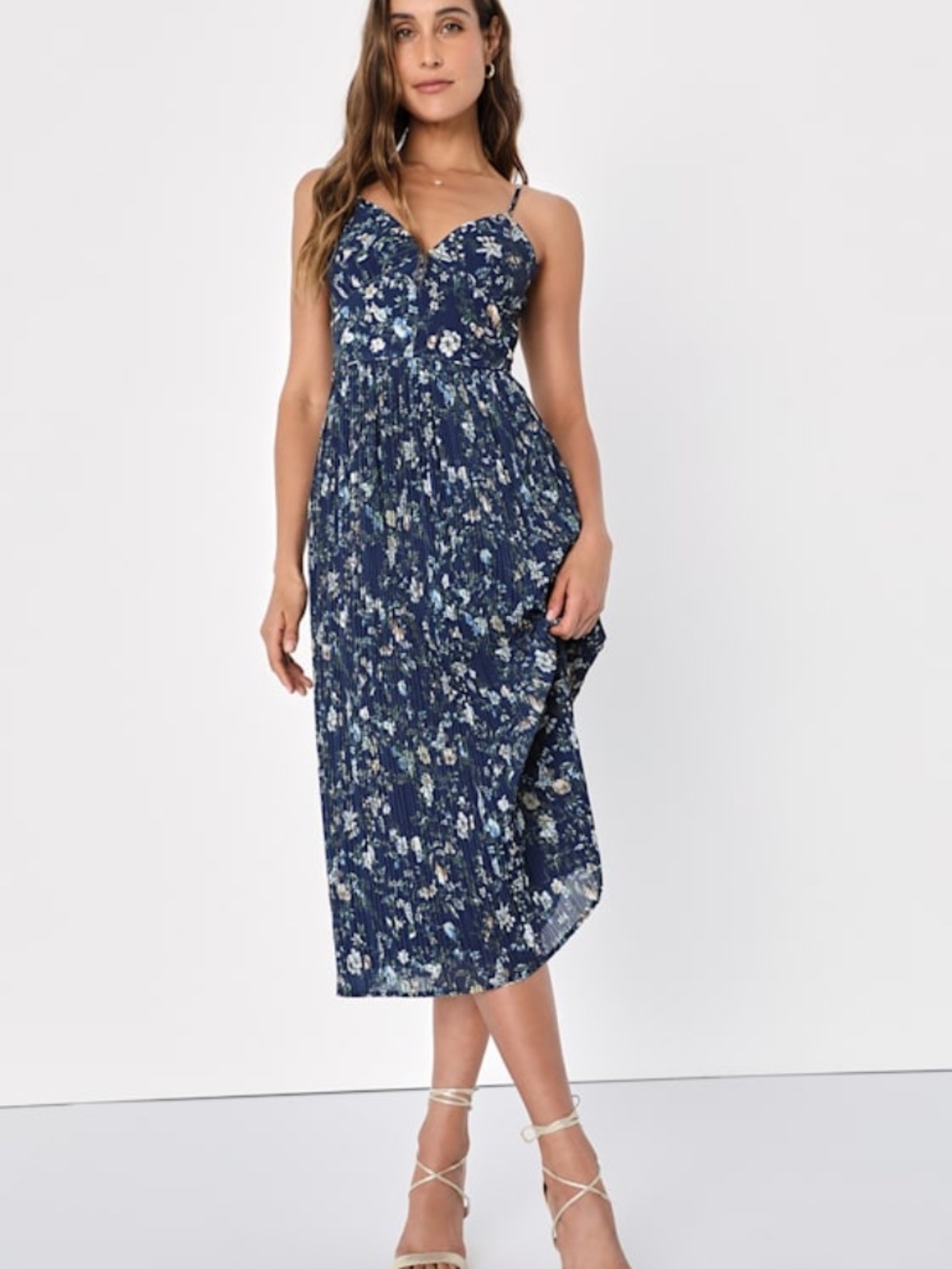 Lulus Poise And Perfection Navy Floral Print Pleated Midi Dress Blue - Size M